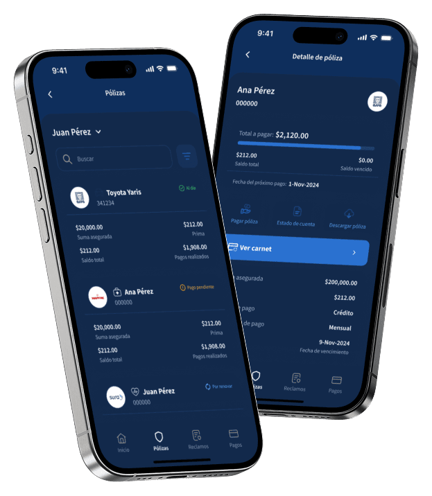 App de Uniseguros: lista de pólizas y detalle de una póliza